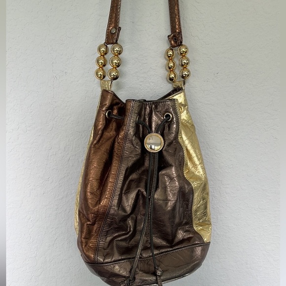 Vintage Metallic Genuine Leather Bucket Crossbody Bag - Picture 1 of 9